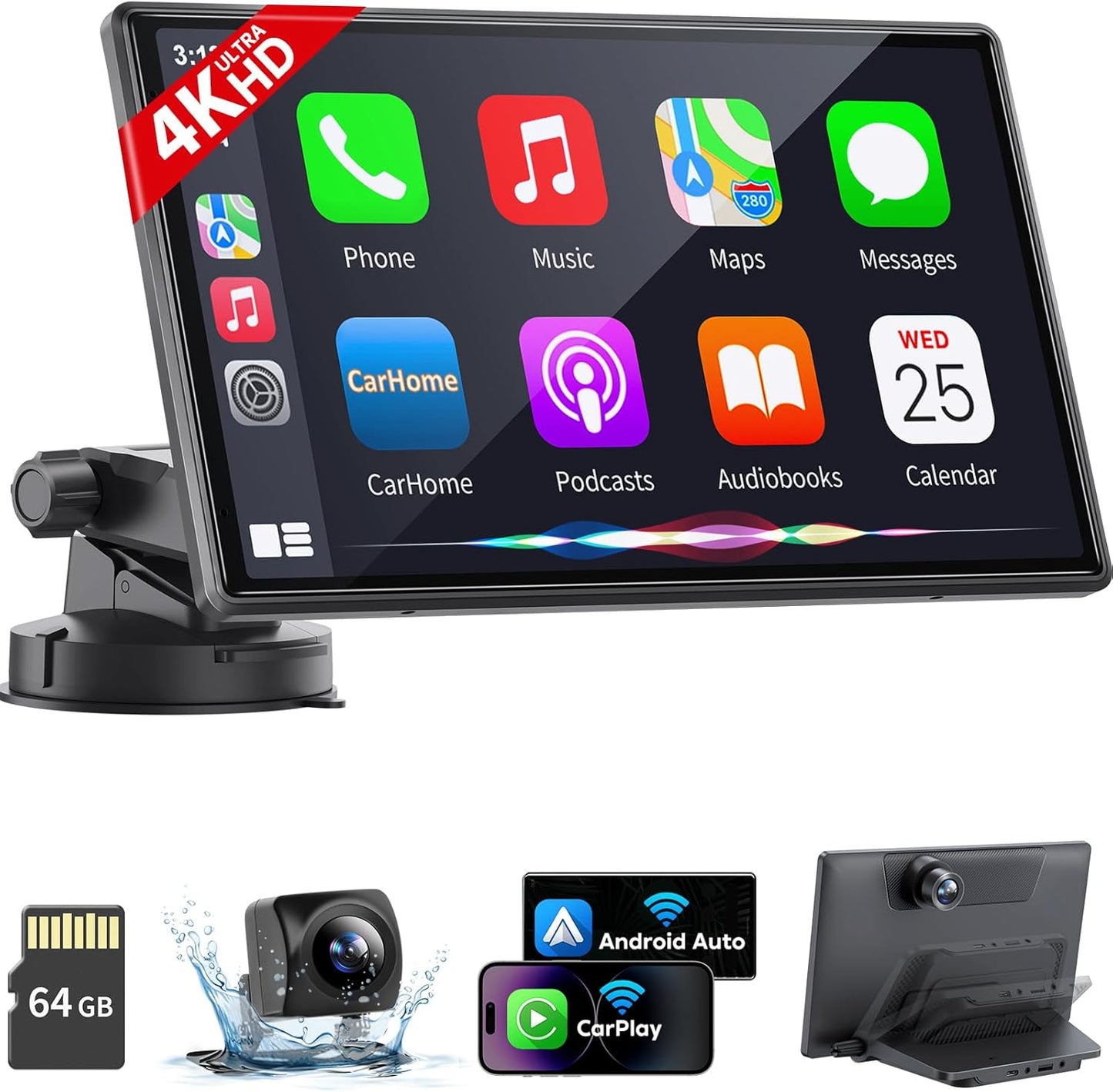 Eoyaa Wireless Portable Carplay Screen with 4K Dash Cam, Android Auto, 9&#39;&#39; Auto-Dimming Screen with Strongest Suctio