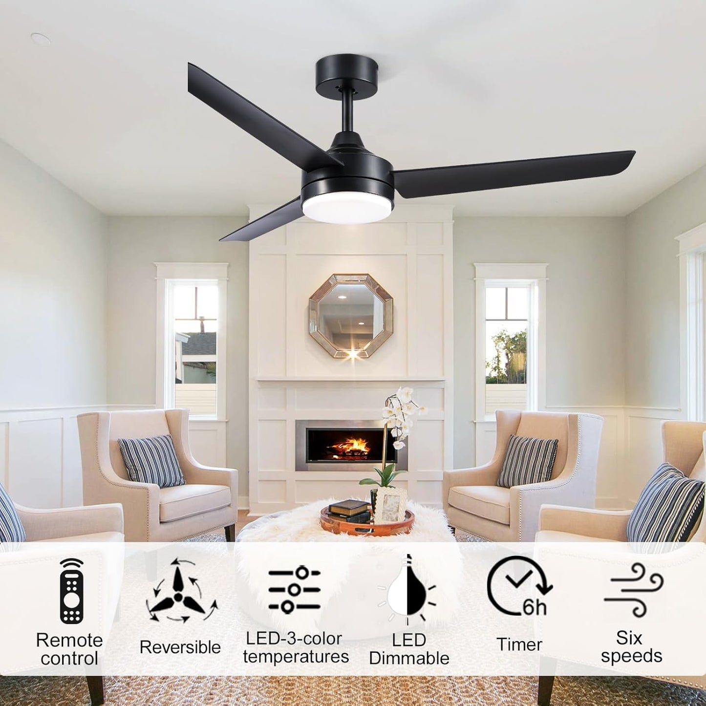 Black Ceiling Fans with Lights and Remote Control, Modern 52 Inch Ceiling Fans with Lights and 6-Speed Modes -Adjustable Dimming - DC Motor