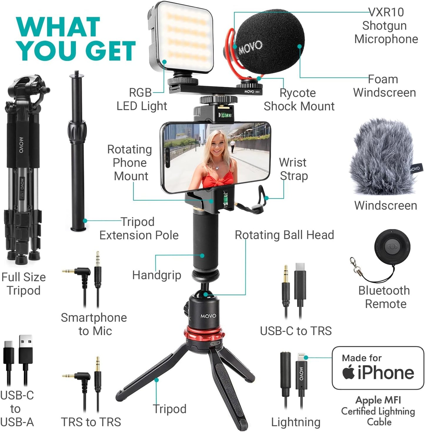 iVlogger-PRO Vlogging Kit with Full Tripod for iPhone/Android - YouTube Starter Kit for Content Creators - Accessories: Phone Tripod, Phone Mount,