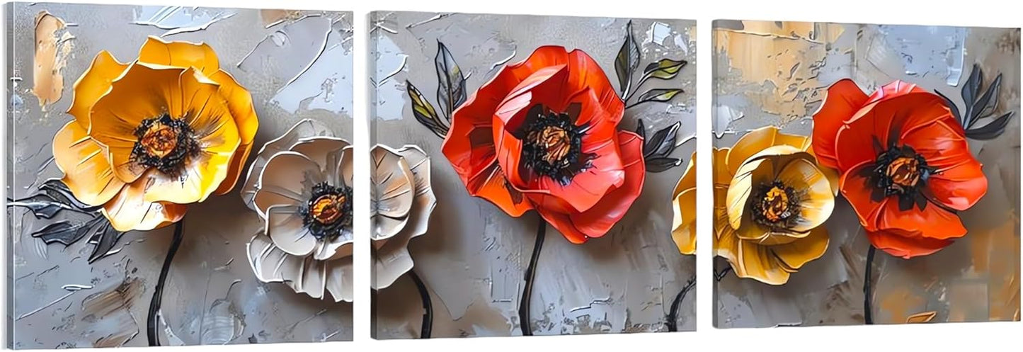 SSRTK Large Living Room Textured Wall Art Poppy Painting 3 Piece Set Canvas Flower Wall Decor for Women&#39;s Room Modern Home Bedroom Oil Painting