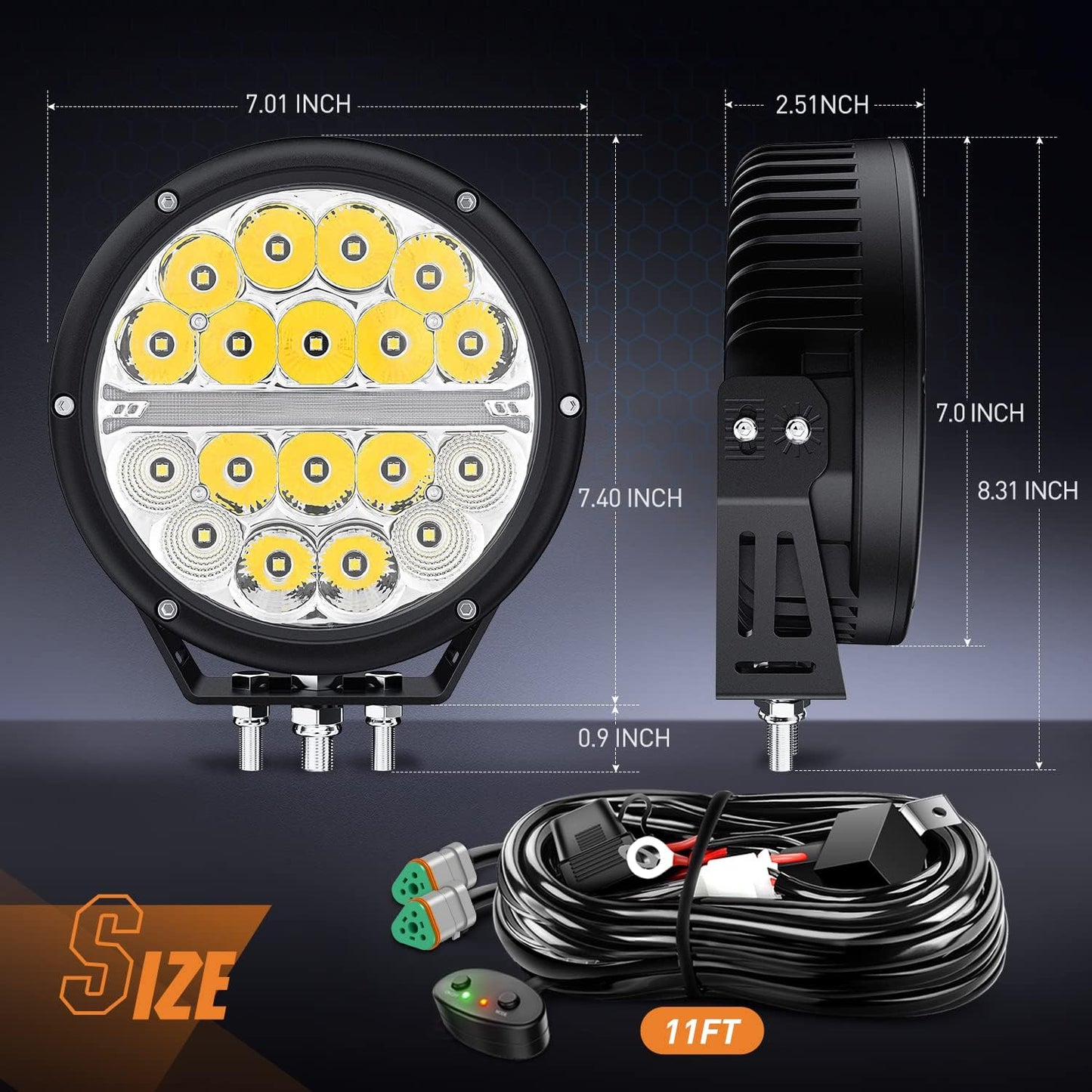 Nilight 7 Inch Round LED Offroad Driving Lights with DRL 2PCS 90W 9850LM IP68 Spot Flood Combo Work Light with 12AWG DT Connector Wiring Harness Kit