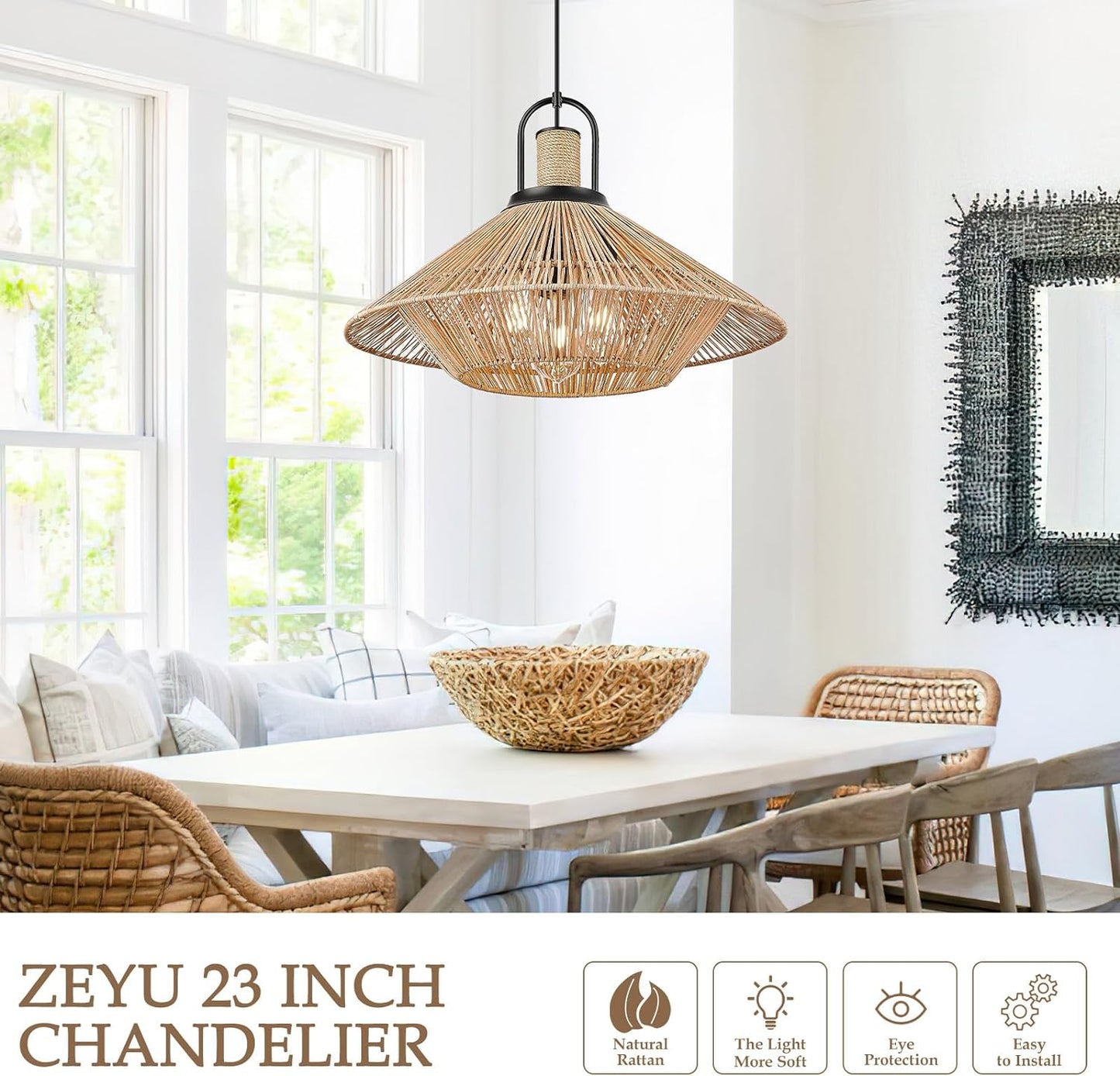 zeyu 3-Light Farmhouse Wicker Hanging Pendant Light, 23 Inch Boho Pendant Light Fixtures for Kitchen Dining Room, Handwoven Lampshade and Black Finish, ZG90MIL BK
