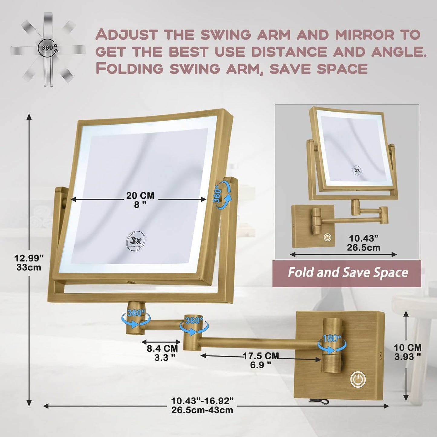 Square Wall Mounted Makeup Mirror with Lights and Magnification, 8 Inch 2-sided Magnifying Make up Mirror with Lig