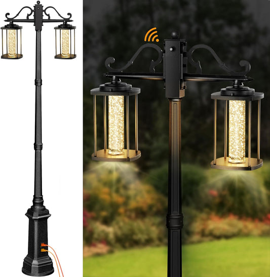 Outdoor Lamp Post Light with GFCI Outlet,Double-Head Dusk to Dawn Pole Light Fixture with Crystal Bubble Glass,10W LED Integrated,Waterproof Lamp Posts Outdoor Lighting,Light Post for outside,300