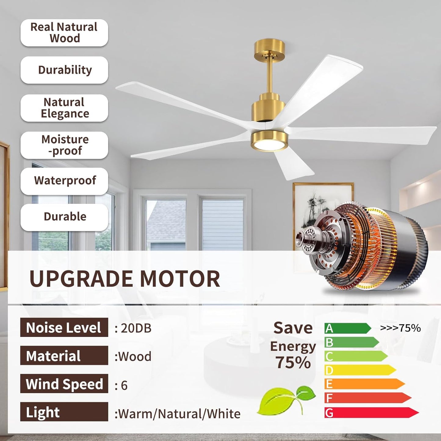 Solid Wood Ceiling Fans DC Motor with Light and Remote Control, 60 Inch Natural Wood Ceiling Fan 5 blades Waterproof, 6-Speed Reversible Indoor