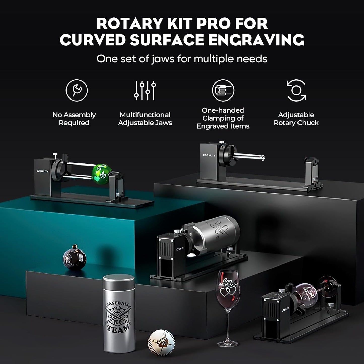 Creality Rotary Roller Pro, 4 in 1 Multi-Functional Laser Rotary Roller Y-axis Jaw Chuck Rotary for Engraving Cylindrical Objects, Tumblers, Wine Glass, Rings, Balls