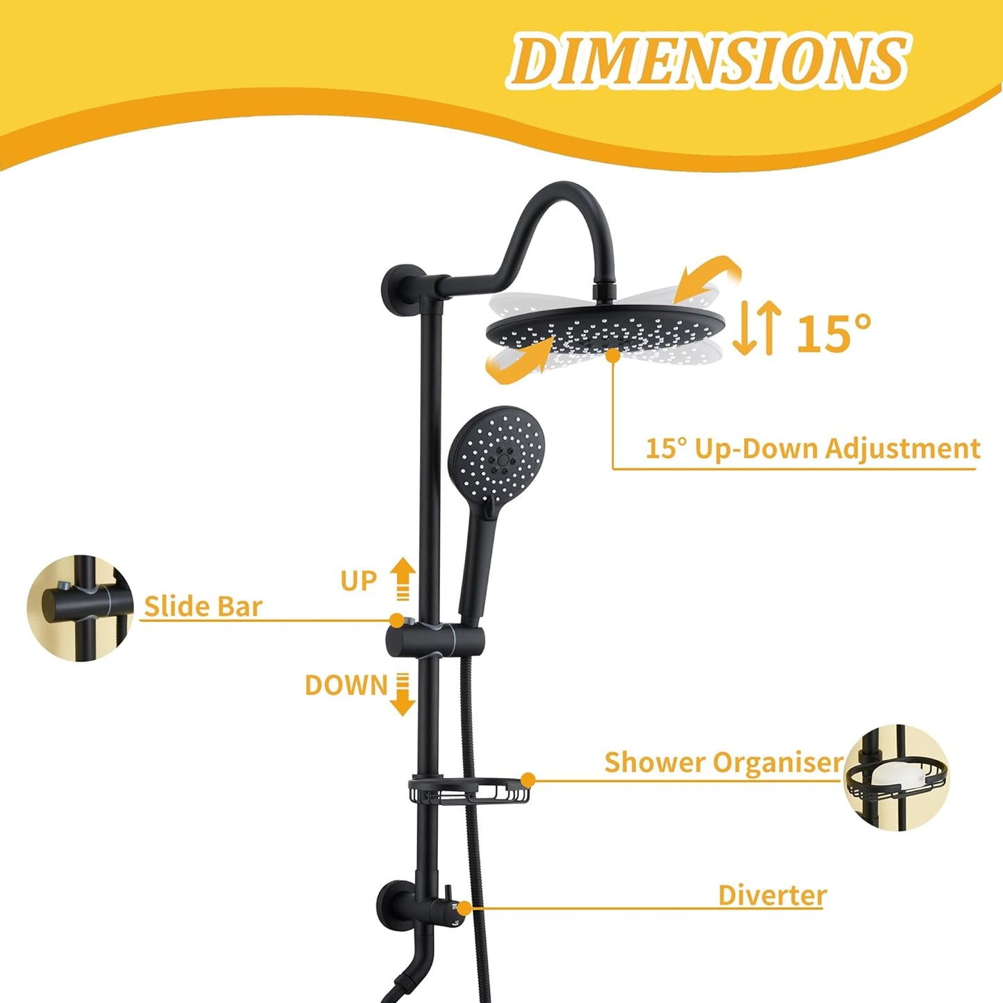 MONDAWE Exposed Shower System 8-Inch Matte Black Shower Head with Handheld Sprayer 3-Setting, Slid Bar Shower System