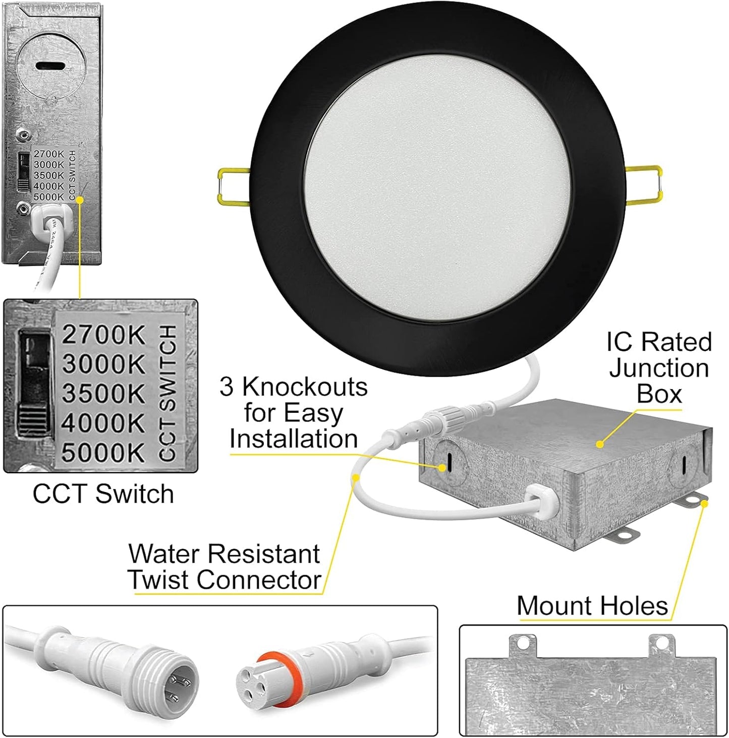 NUWATT | 6 Pack | 4 Inch Ultra-Thin LED Recessed Lighting, Selectable 2700K/3000K/3500K/4000K/5000K, 630 Lumens, IC Rated, Dimmable Slim Panel Light,