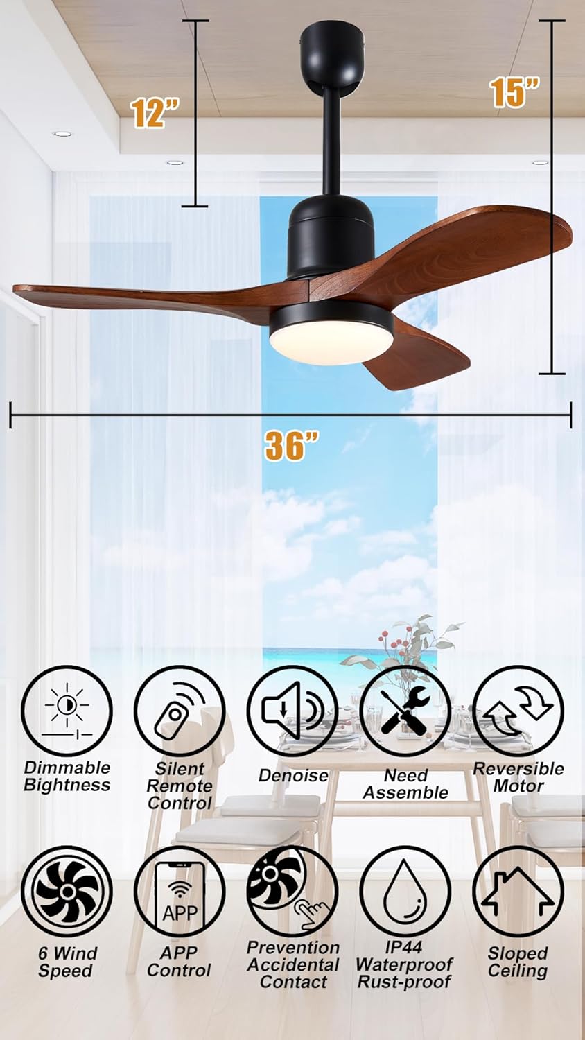 Outdoor Gazebo Fan 36' with Dimmable Light and Memory Remote, Plug-In Wet Rated Outdoor Ceiling Fan, Outdoor Hangin