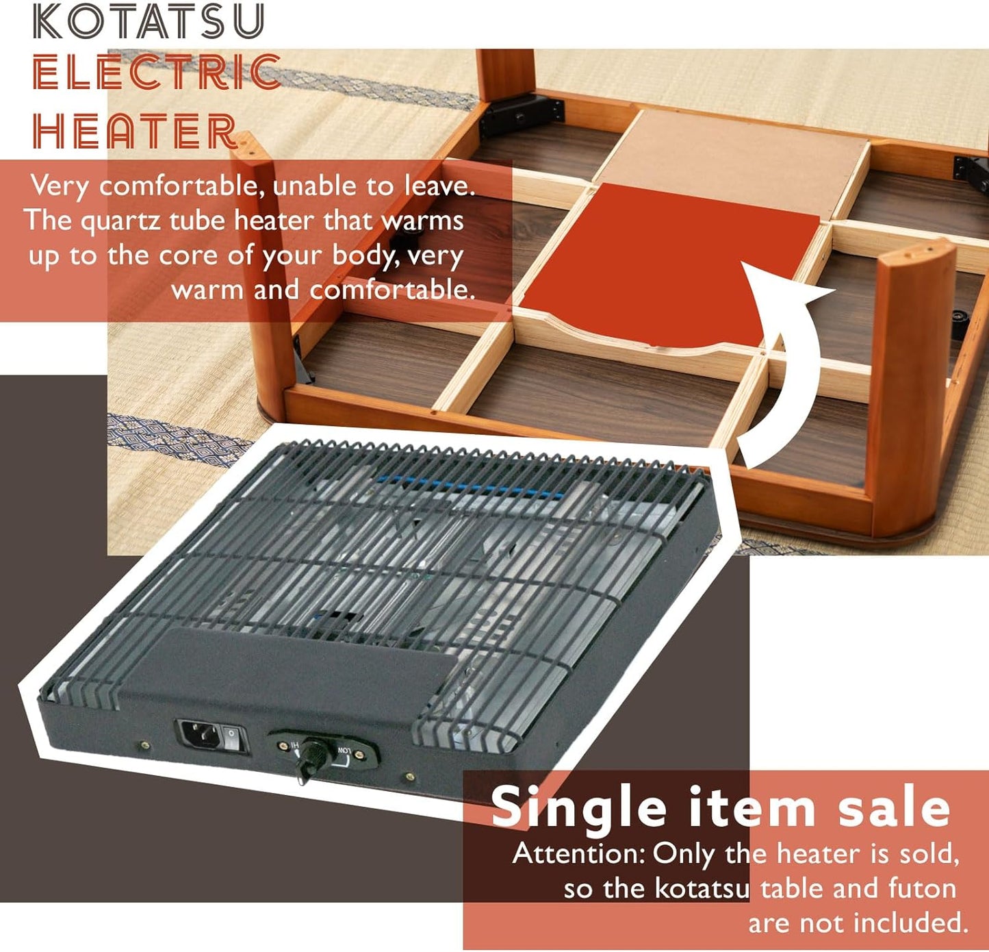 Kotatsu w/ Replaceable heater quartz tube, kotatsu Heater Unit 120V 400W Electric Heater with Temperature Control Knob