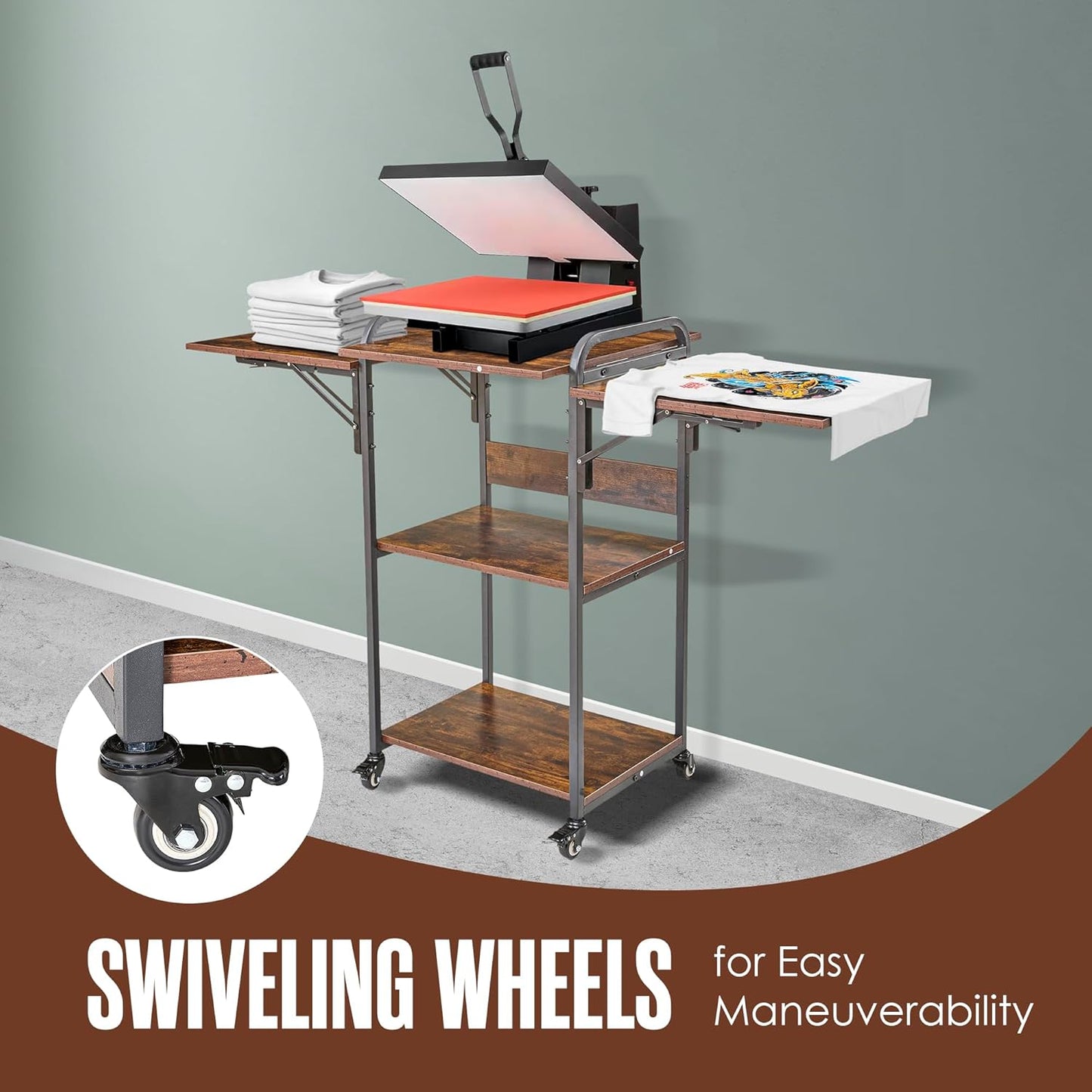 Heat Press Table Stand, Heat Press Stand with Wheels, 3 Tier with Foldable Side Tables, Heat Press Cart with Wheels, He