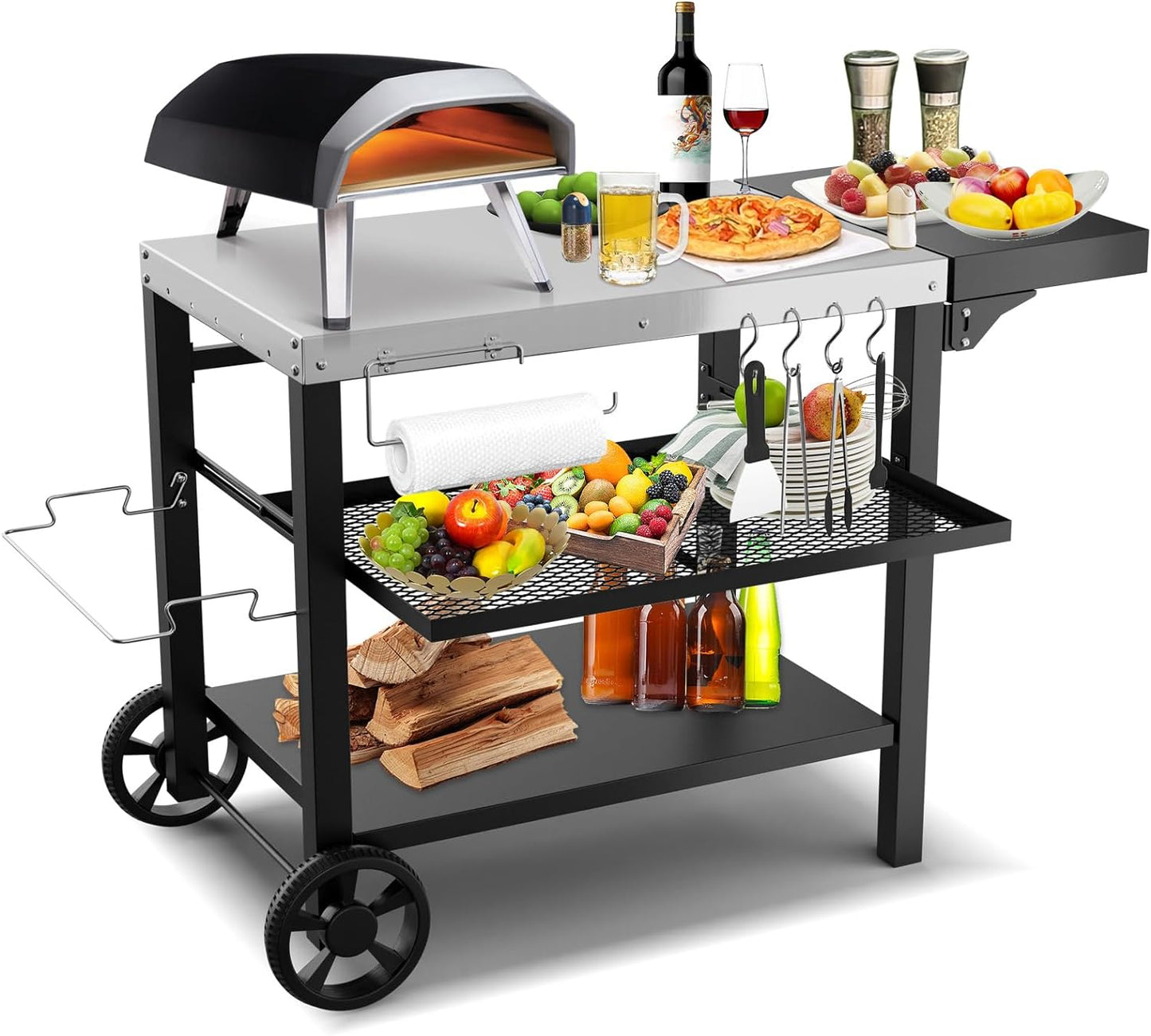 Three-Shelf Movable Cart with Food Prep Worktable, Drawer & Side Table