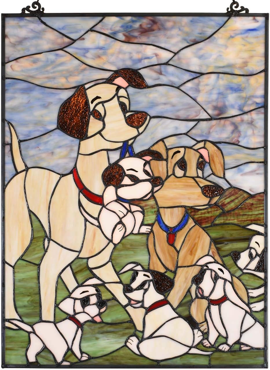 Bieye W10068 Dogs Puppies Tiffany Style Stained Glass Window Panel Hangings with Chain, 18' L x 24' H