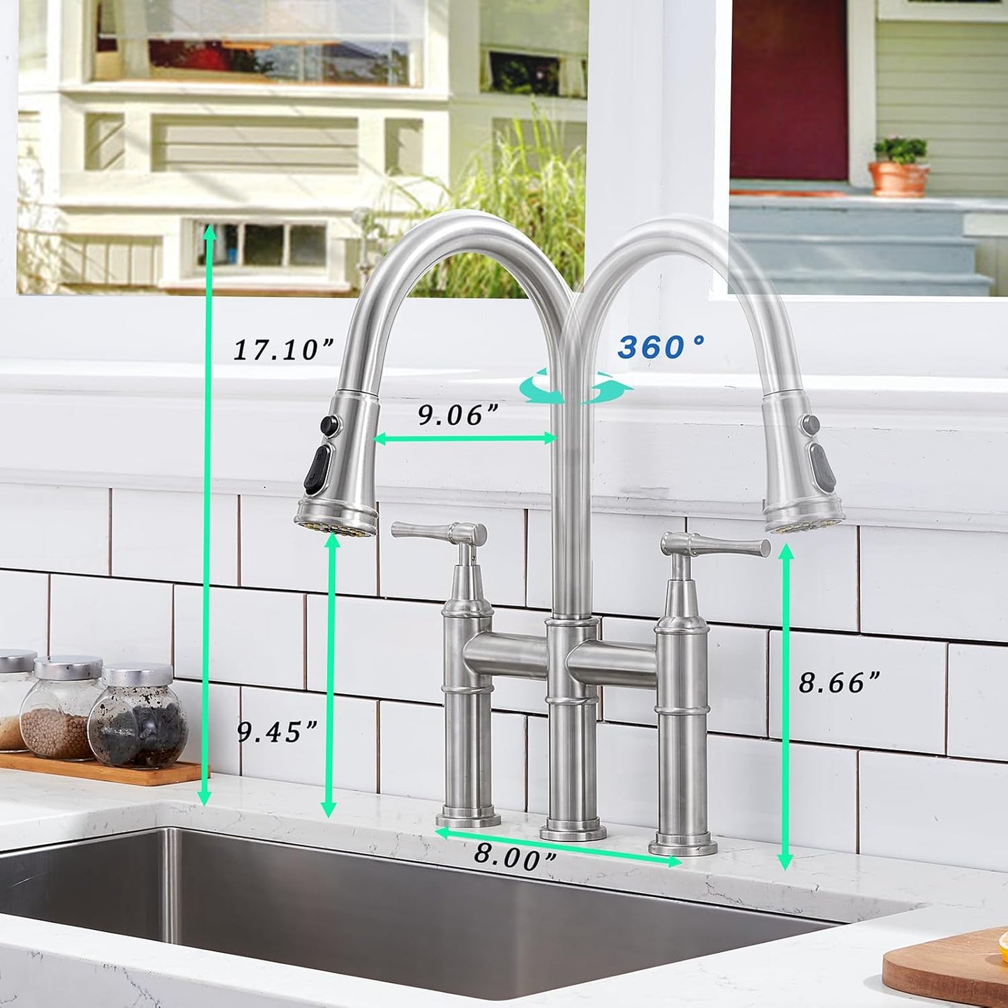 Brushed Nickel 3-Types Water Bridge Kitchen Faucet with Pull-Down Spray-head, 3 Hole Farmhouse Kitchen Sink Faucet