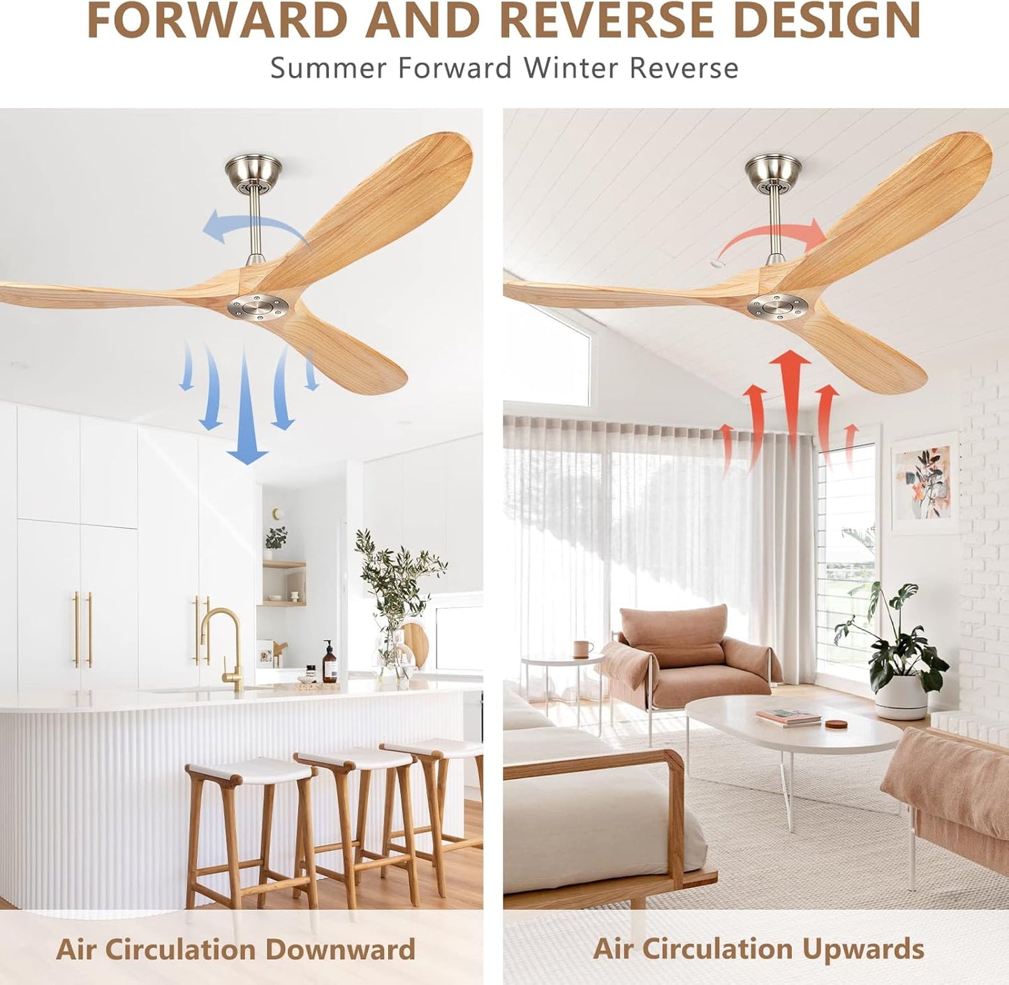 52' Ceiling Fans without Lights, Solid Wood Ceiling Fan with Remote Control No Light, Modern Ceiling Fan with 3 Blades