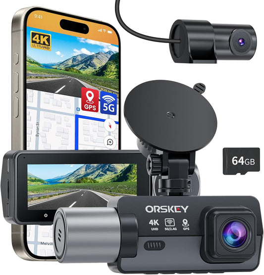 4K 3 Channel Dash Cam 5G WiFi Built-in GPS with 64GB Card,2160P+1080P+1080P Front and Rear Inside Loop Recording