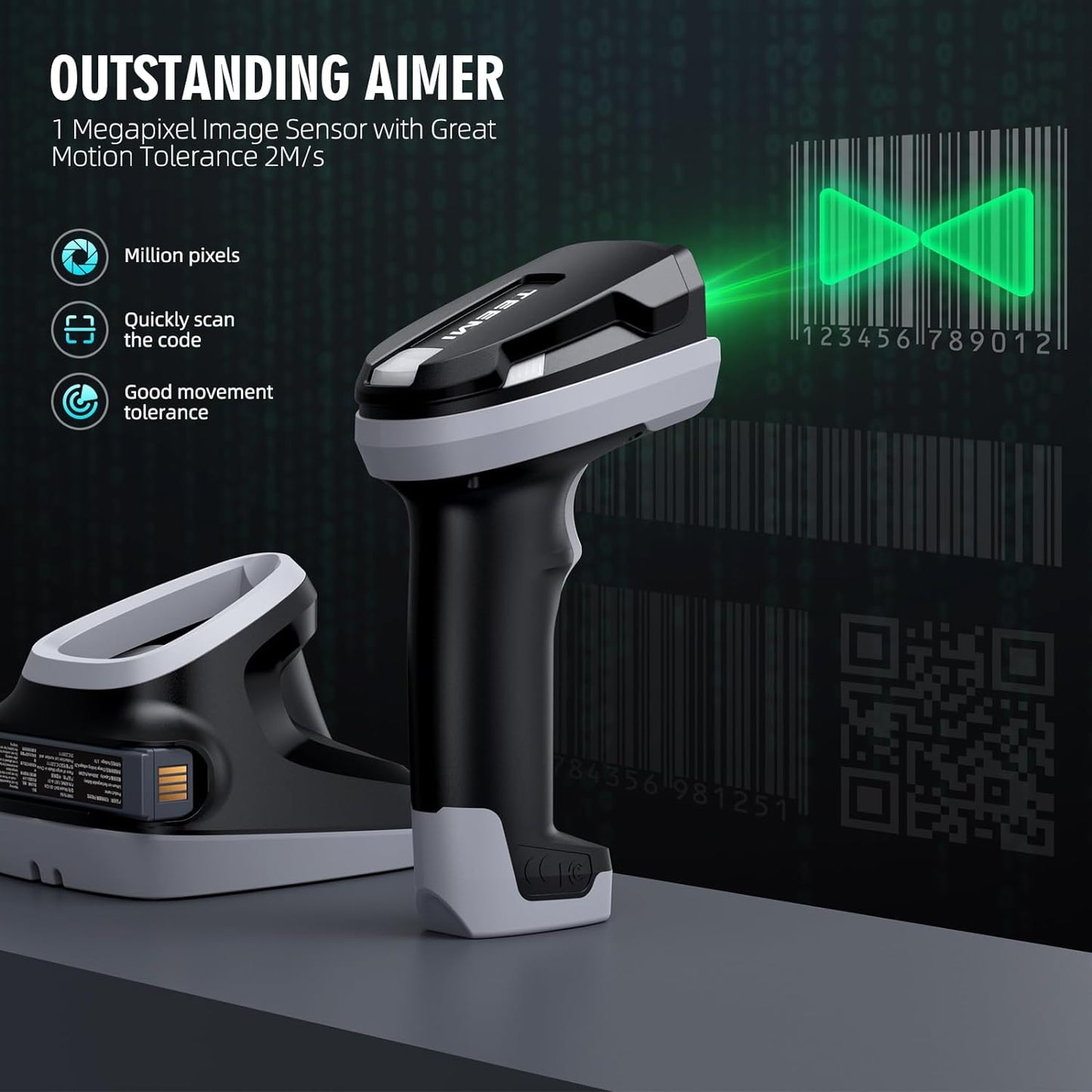 TMSL-59CR 1D 2D Bluetooth Barcode Scanner with USB Cradle and One Battery, High-Resolution Megapixel Sensor Industrial Rugged Design, Vibration,