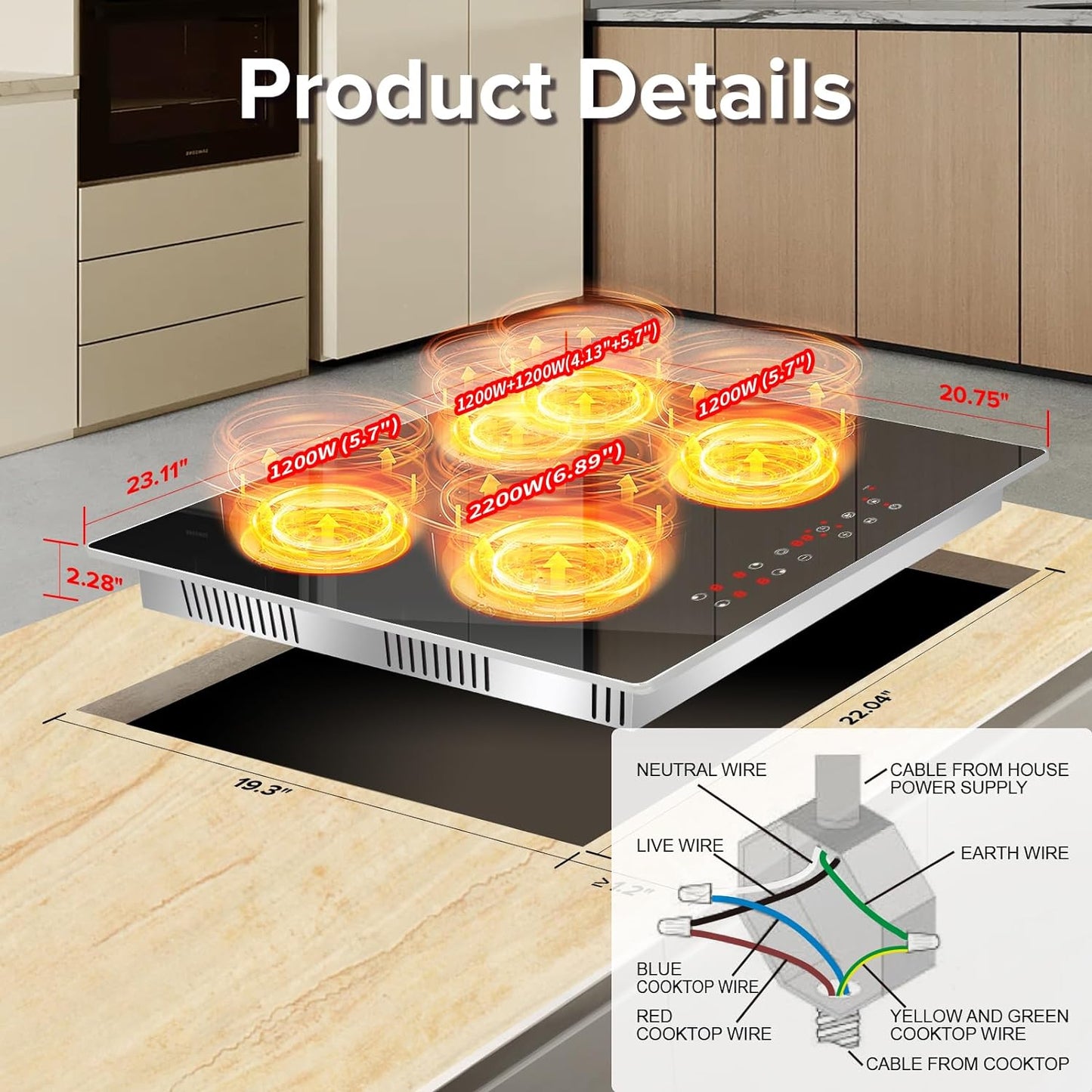 SizzleCook Electric Cooktop 24 Inch 4 Burners, Built-in Radiant Electric Stove Top, Electric Ceramic Cooktop with Glass Protectio