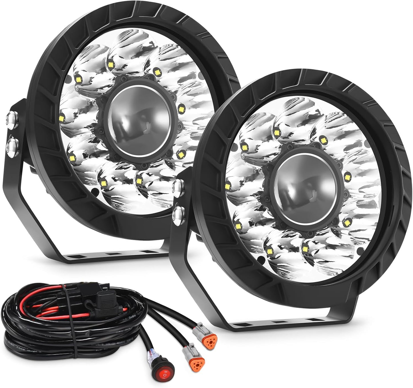 Audak Round LED Offroad Lights 7 Inch 65W Spot Beam LED Driving Light with Wiring Harness Kit for Off Road 4x4 Car Pickup