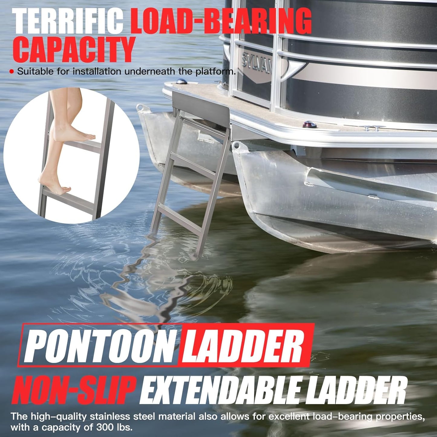 Aluminum Pontoon Boat Ladder 4 Steps,Undermount Pontoon Ladder 300Lbs with Nonslip Design, Heavy Duty Self St