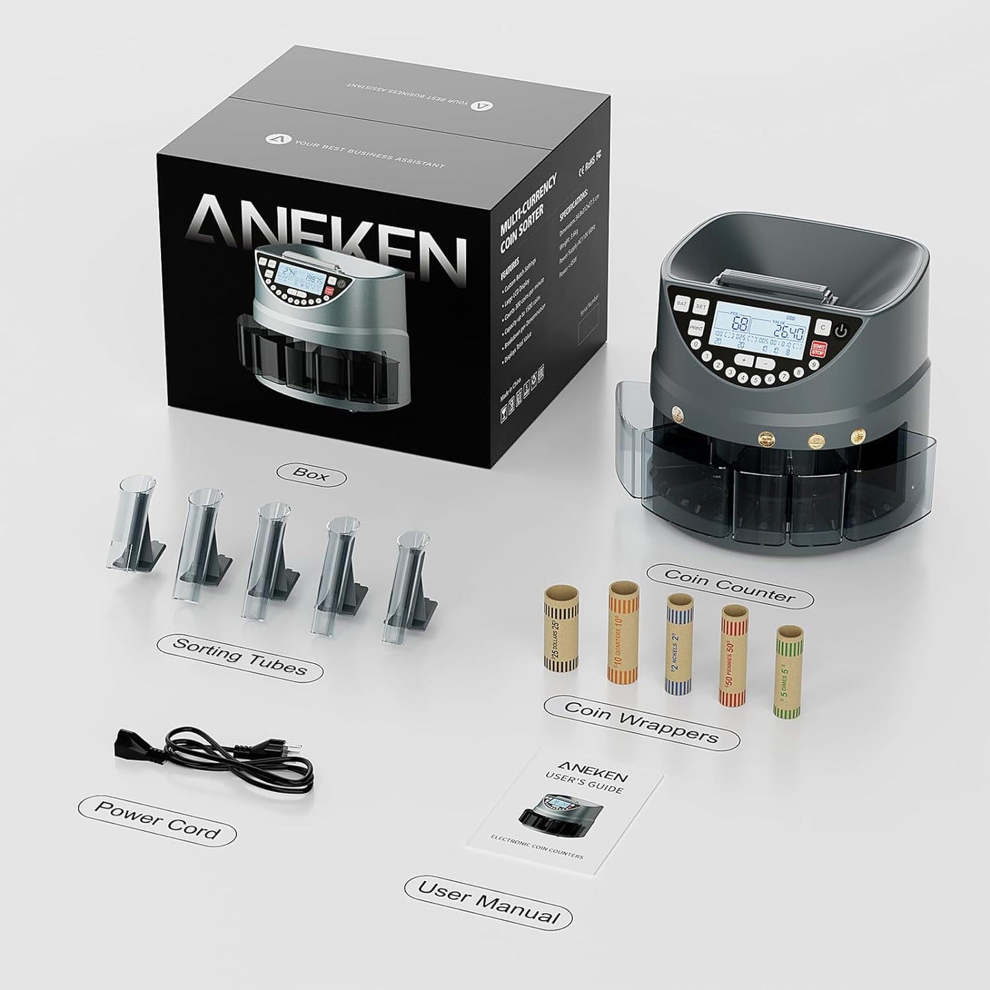 Aneken Coin Counter and Sorter with TFT Display - Coin Counter Machine That Can Counts and Sorts 5 Coin Values - High Speed u