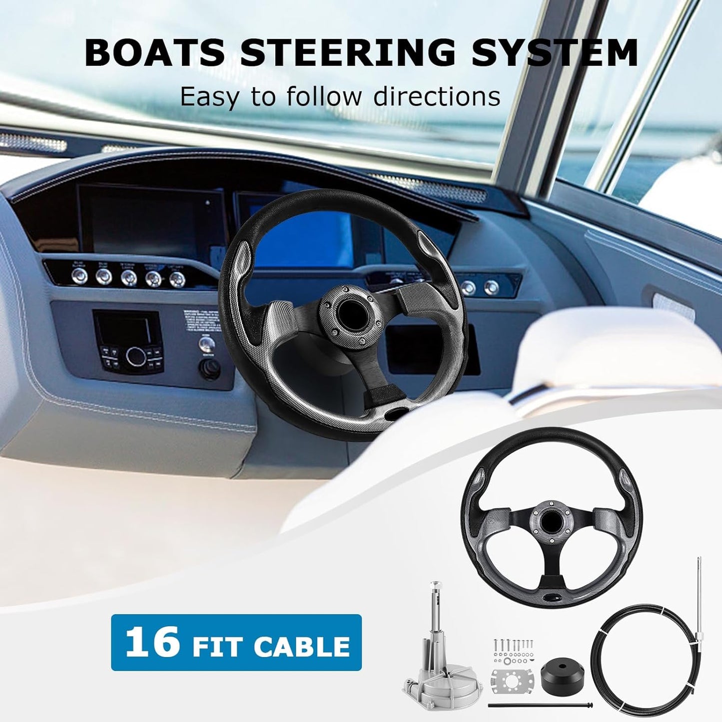 MOTAFAR Boats Steering System 10/12/13/14/15/16 feet Cable Control Cable Outboard Mechanical Rotary Steering Kit (16 feet Cable)