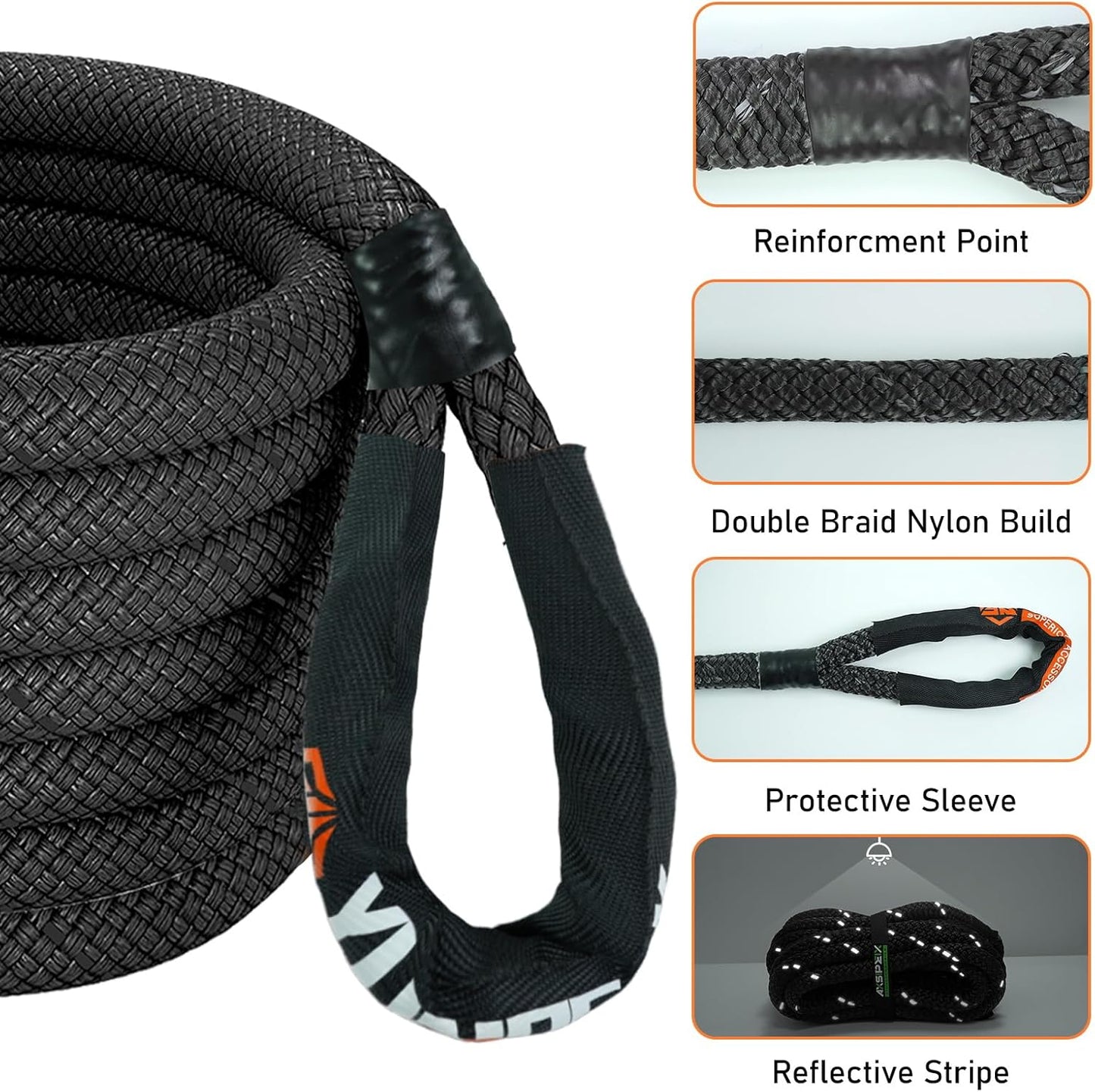 YUNPEAK Kinetic Recovery Rope 48500 Lbs (1&#34; x30ft Black) with 2 Soft Shackles, Heavy Duty 35% Elasticity Energy Snatch Strap Kit for SUV UTV ATV