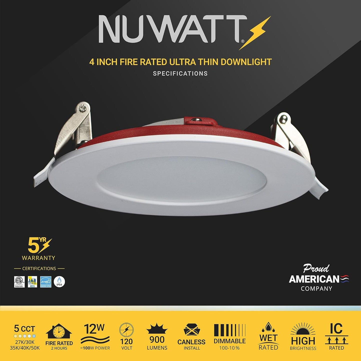 NUWATT 12 Pack, 4 Inch 2 Hour FIRE Rated Ultra-Thin LED Recessed Light, 2700K/3000K/3500K/4000K/5000K Selectable, 900 Lumens, Dimmable, IC Rated, Wet