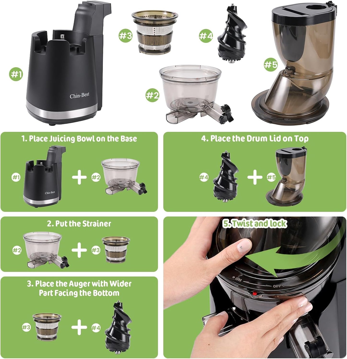 Chin-Best 250 Watt High Power Juicer - Cold Press Masticating Juicer- Slow Juicer Machines Extract More and Better Juice from a Lot of Fruits and