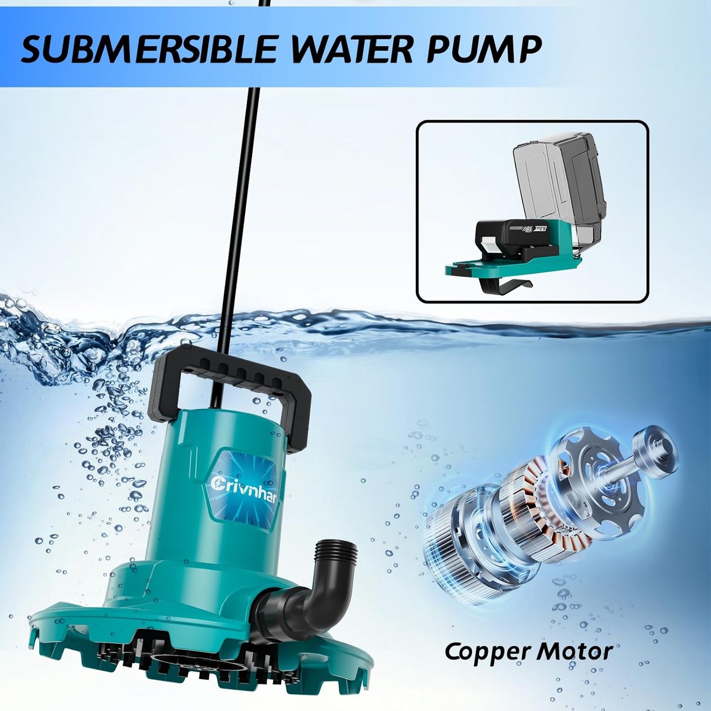 Crivnhar Water Pump for Makita 18V Battery, 1/6 HP Sump Pump Cover with 16.5ft Power Cord, 1320GPH Water Removal for Pool,