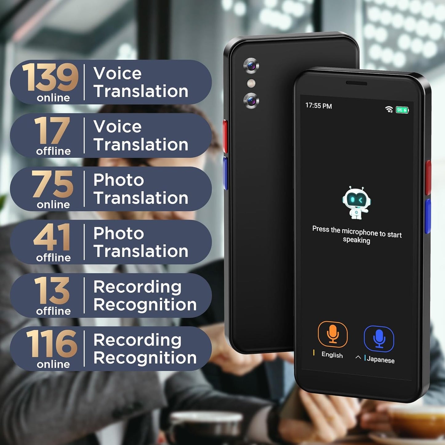 AI Language Translator Device,Voice RecorderTwo Way Real-Time Voice Translation,Support 139 Languages,ChatGpt Online/Offline&Recording&Photo