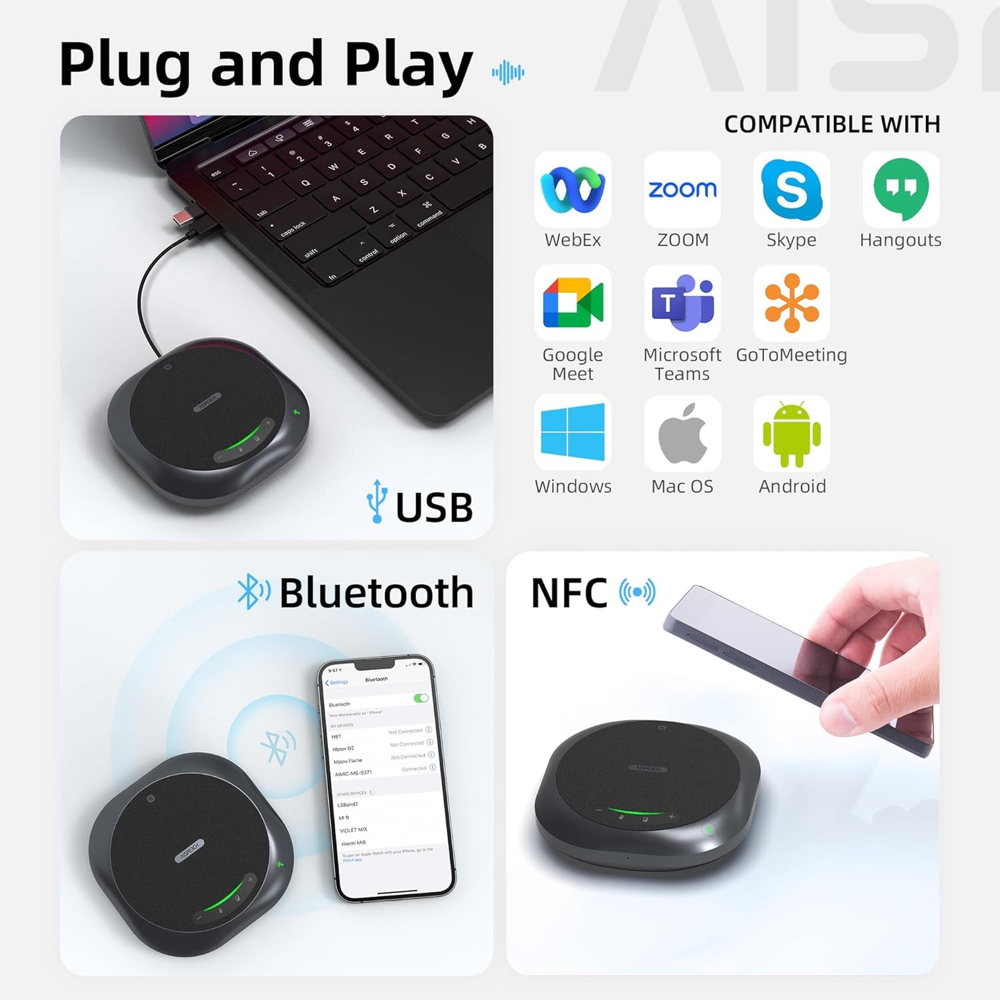 Bluetooth Conference Speakerphone, Microphone with AI Noise Reduction AI Transcription Full-Duplex 360 Omnidirectional Voice Pickup