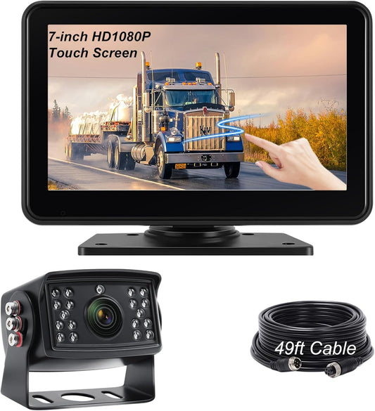 7-inch Full Toch Screen Wired Backup Camera System: 1080P Rear View Camera with 2 Split Screen Monitor, IP68 Waterproof Rever