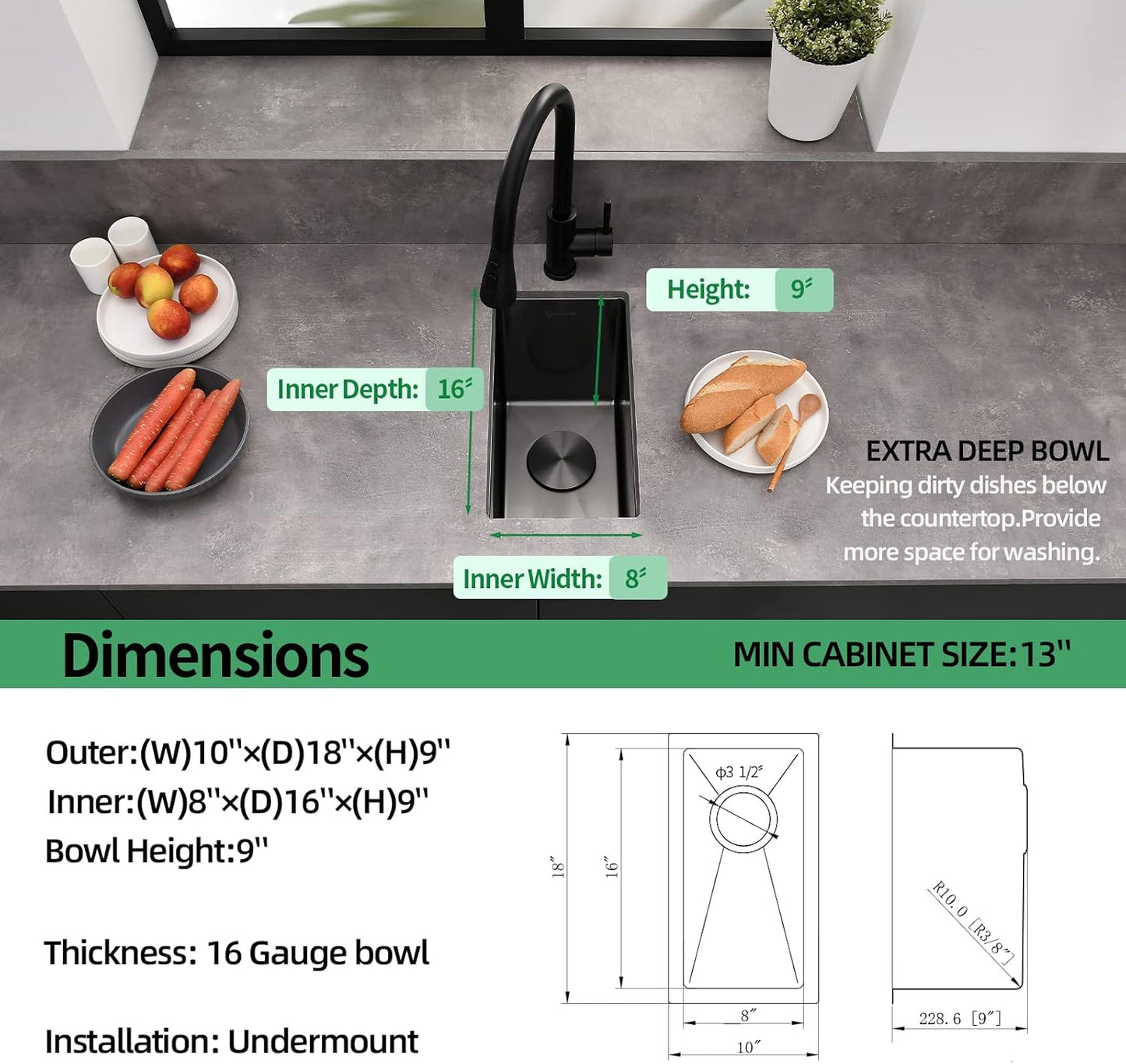 EcoChannels Undermount Kitchen Sink, 10 x 18 Inch Single Bowl Bar Prep Sink 16 Gauge T-304 Stainless Steel Gunmetal Black RV Kitchen Sinks