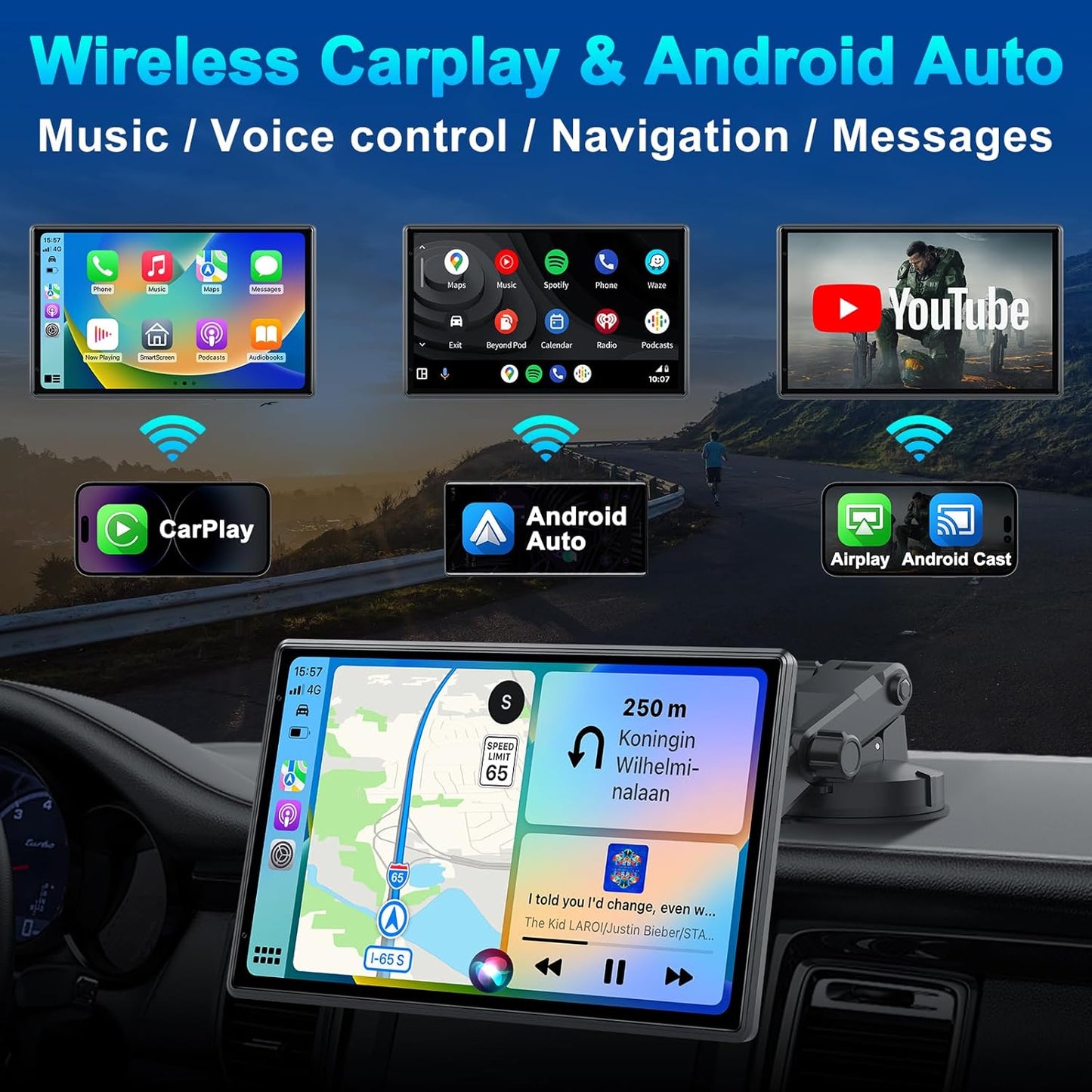 Eoyaa Wireless Portable Carplay Screen with 4K Dash Cam, Android Auto, 9&#39;&#39; Auto-Dimming Screen with Strongest Suctio