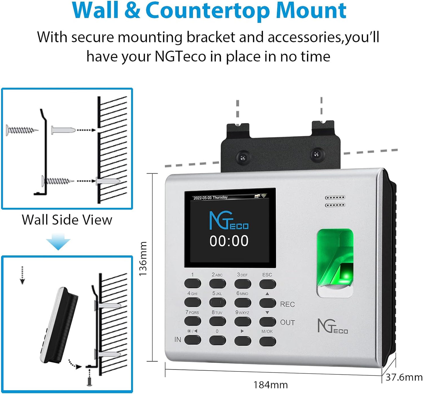 Time Clock for Employees Small Business, 2.4GHz WiFi Fingerprint Time Clock with Battery, Automatic Punch in and Out