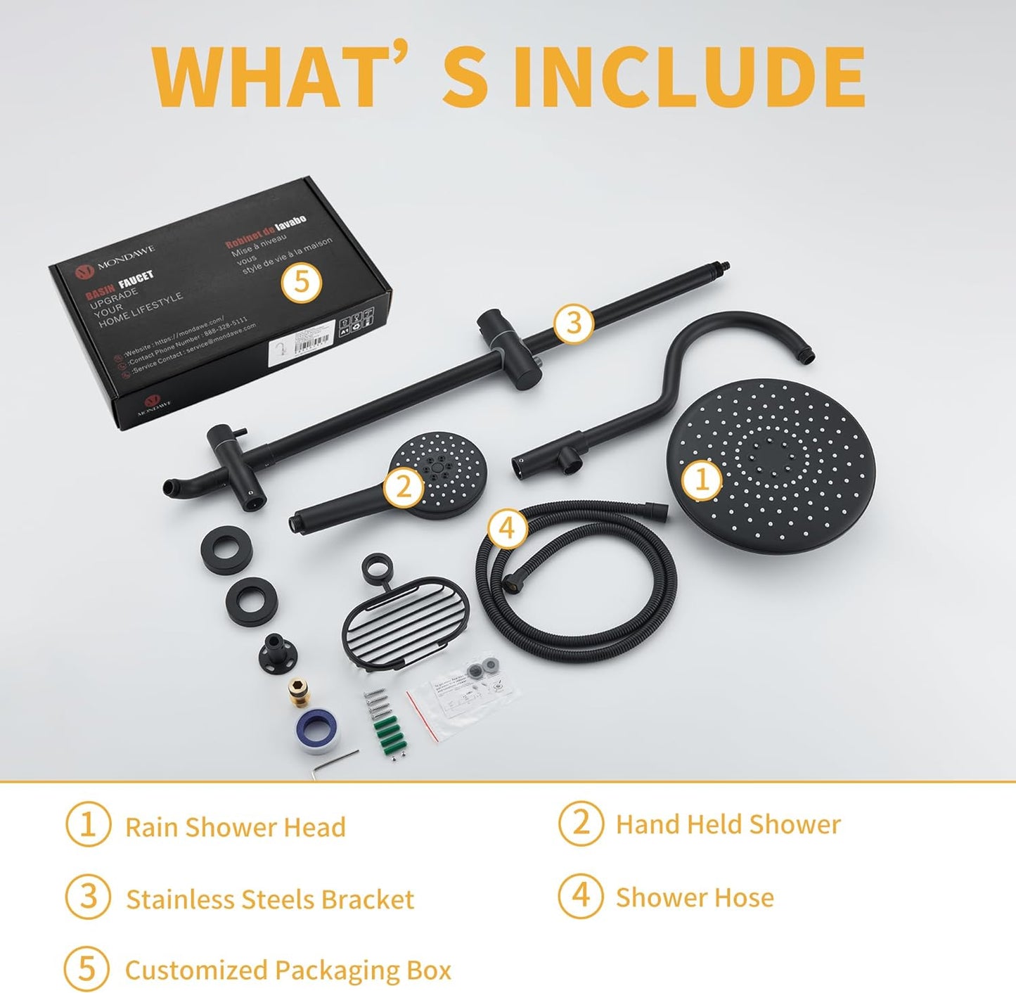 MONDAWE Exposed Shower System 8-Inch Matte Black Shower Head with Handheld Sprayer 3-Setting, Slid Bar Shower System