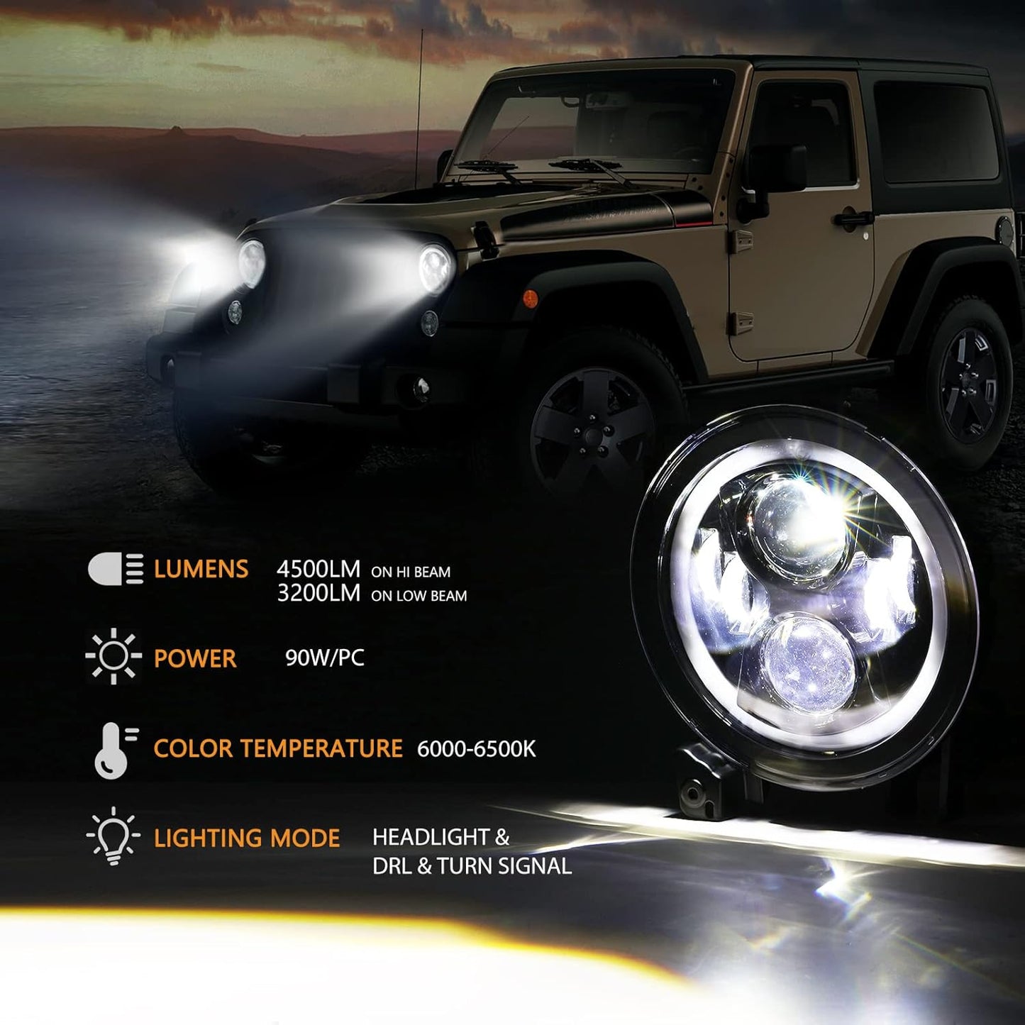 Auxbeam 9 Inch LED Headlights with DRL & Turn Signal Round Projector Headlamps Replacement for Jeep Wrangler JL JLU Sport Sahara Rubicon Gladiator JT