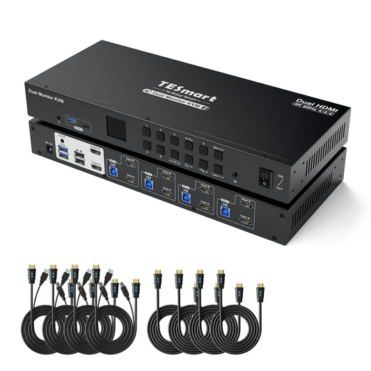 TESmart USB 3.0 HDMI KVM Switch 2 Monitors 4 Computers 4K@60Hz, Dual Monitor KVM Switch HDMI 4 Port Extended Display, Audio&Microphone, EDID