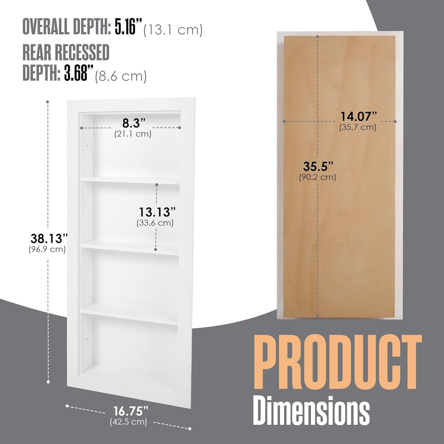 Houseables Recessed Medicine Cabinet, Wall Niche, in Shelves, Shelf Insert, 14&#34;W x 36&#34;H ID, 17W x 38H OD, 4 Tier,