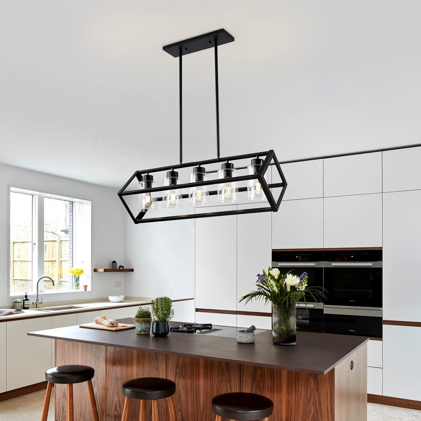 KERHENE 5-Light Rectangle Chandeliers, Farmhouse Chandeliers with 6 Glass Shades, 5-Light Linear Kitchen Island Light for Dining Room