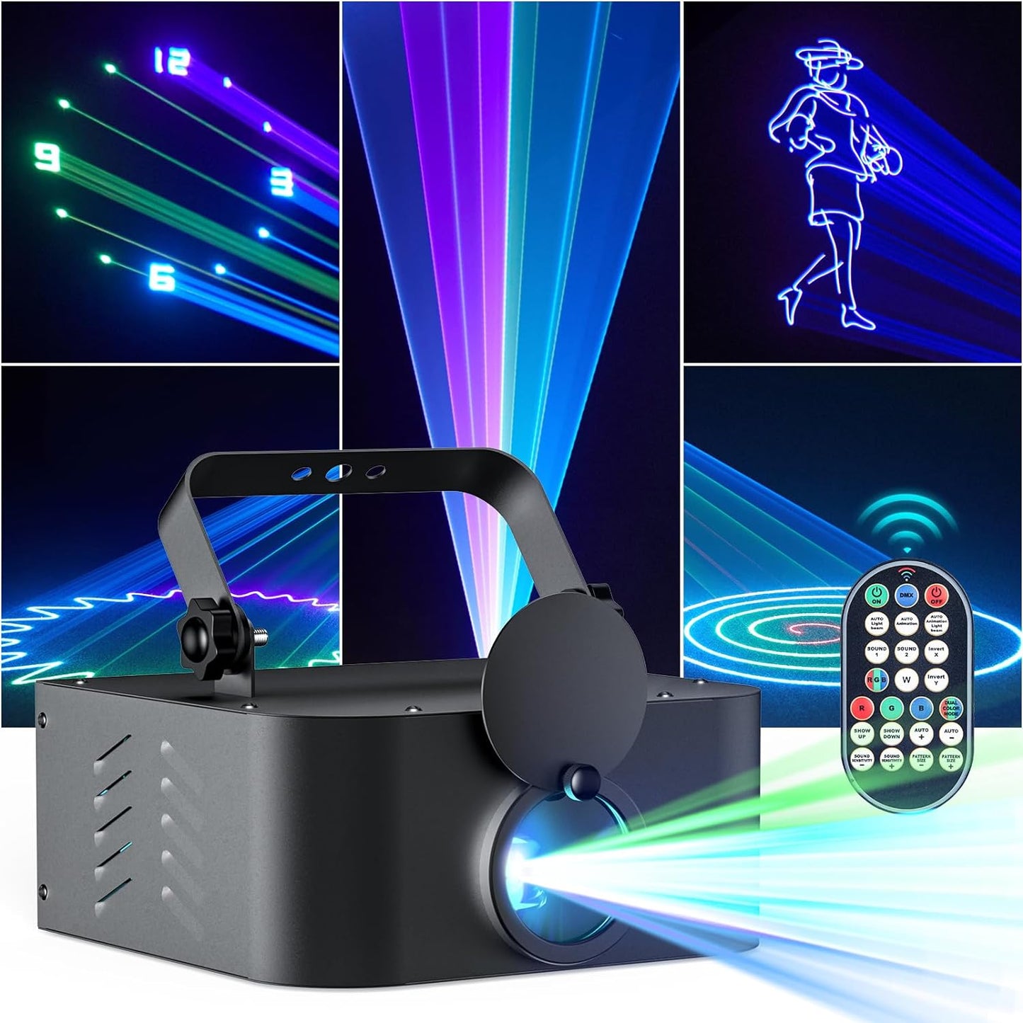 WZYBUTA DJ Laser Light Show 3d Animation, RGB Full Color Animation Lazer Projectors, DMX Laser Show with Remote Control Sound Activated Stage Laser Light Professional for Club Disco Home Bir