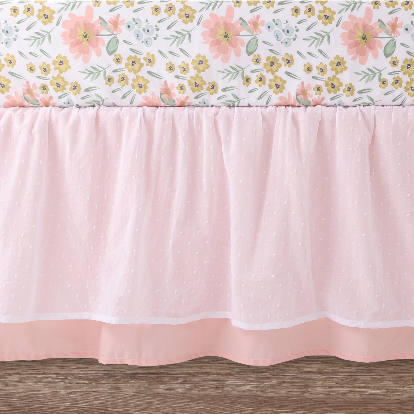 The Peanutshell Floral Crib Bedding Set for Baby Girls, 4pc Organic Cotton Crib Comforter Set, Wildflower Nursery Decor, Pink Mint Green