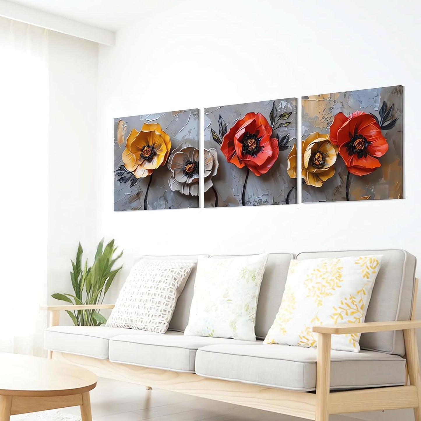 SSRTK Large Living Room Textured Wall Art Poppy Painting 3 Piece Set Canvas Flower Wall Decor for Women&#39;s Room Modern Home Bedroom Oil Painting