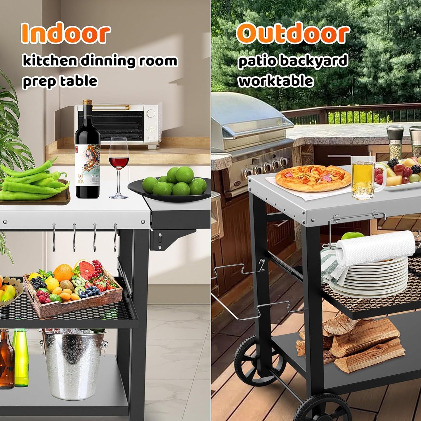 Three-Shelf Movable Cart with Food Prep Worktable, Drawer & Side Table