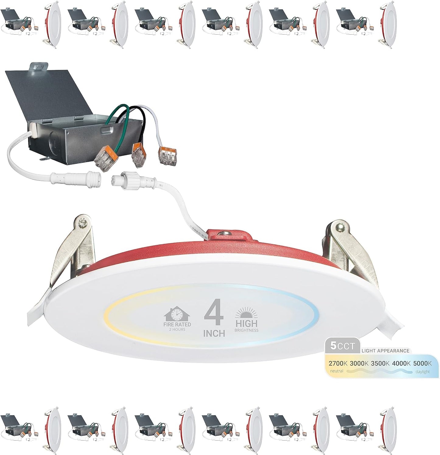 NUWATT 12 Pack, 4 Inch 2 Hour FIRE Rated Ultra-Thin LED Recessed Light, 2700K/3000K/3500K/4000K/5000K Selectable, 900 Lumens, Dimmable, IC Rated, Wet