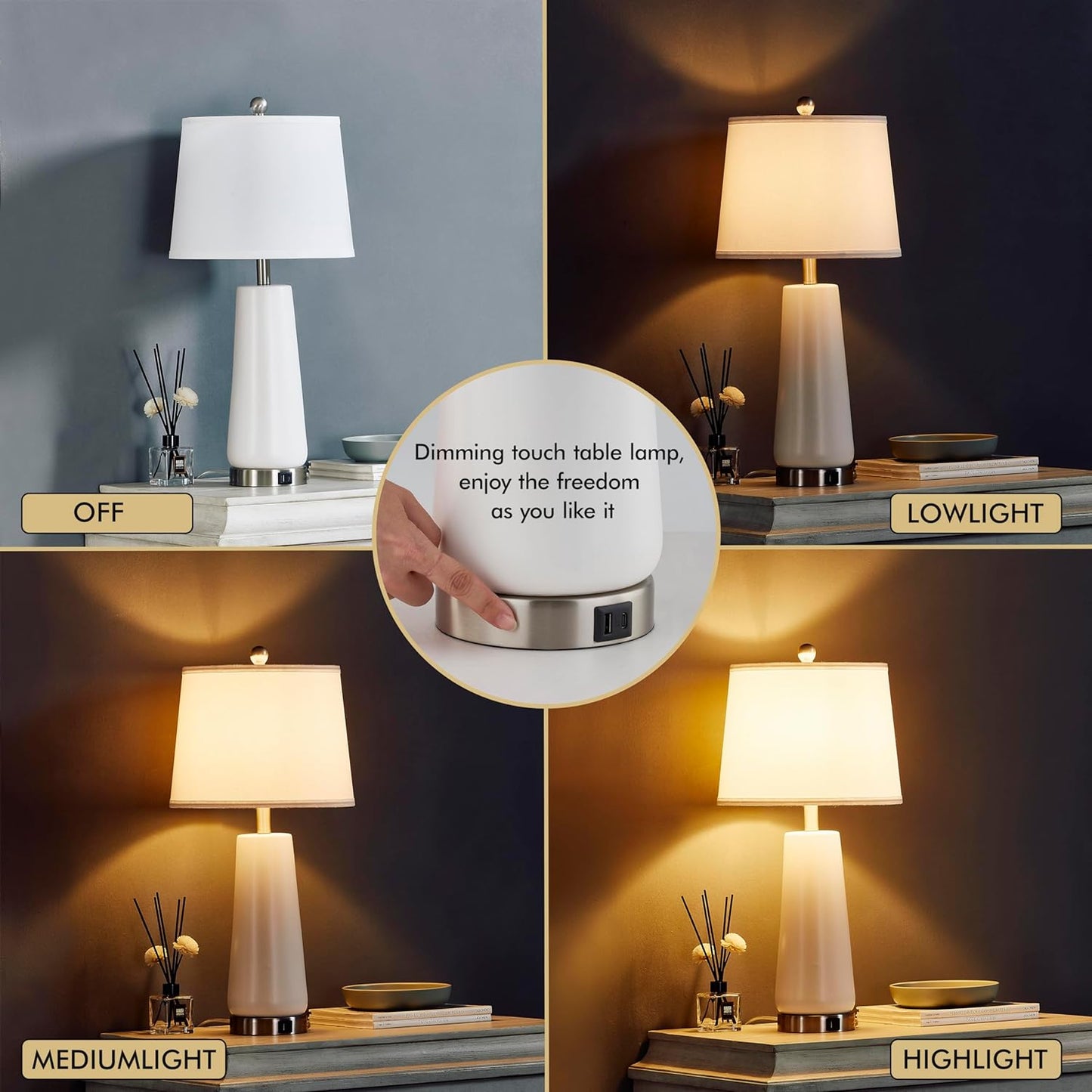 Bedside Lamps Set of 2 - Touch Control 27" Table Lamp for Bedroom 3 Way Dimmable Ceramic Nightstand Lamp with White Fabric Shade for Living Room, Dorm, Home and Office (2 LED Bulb Included)