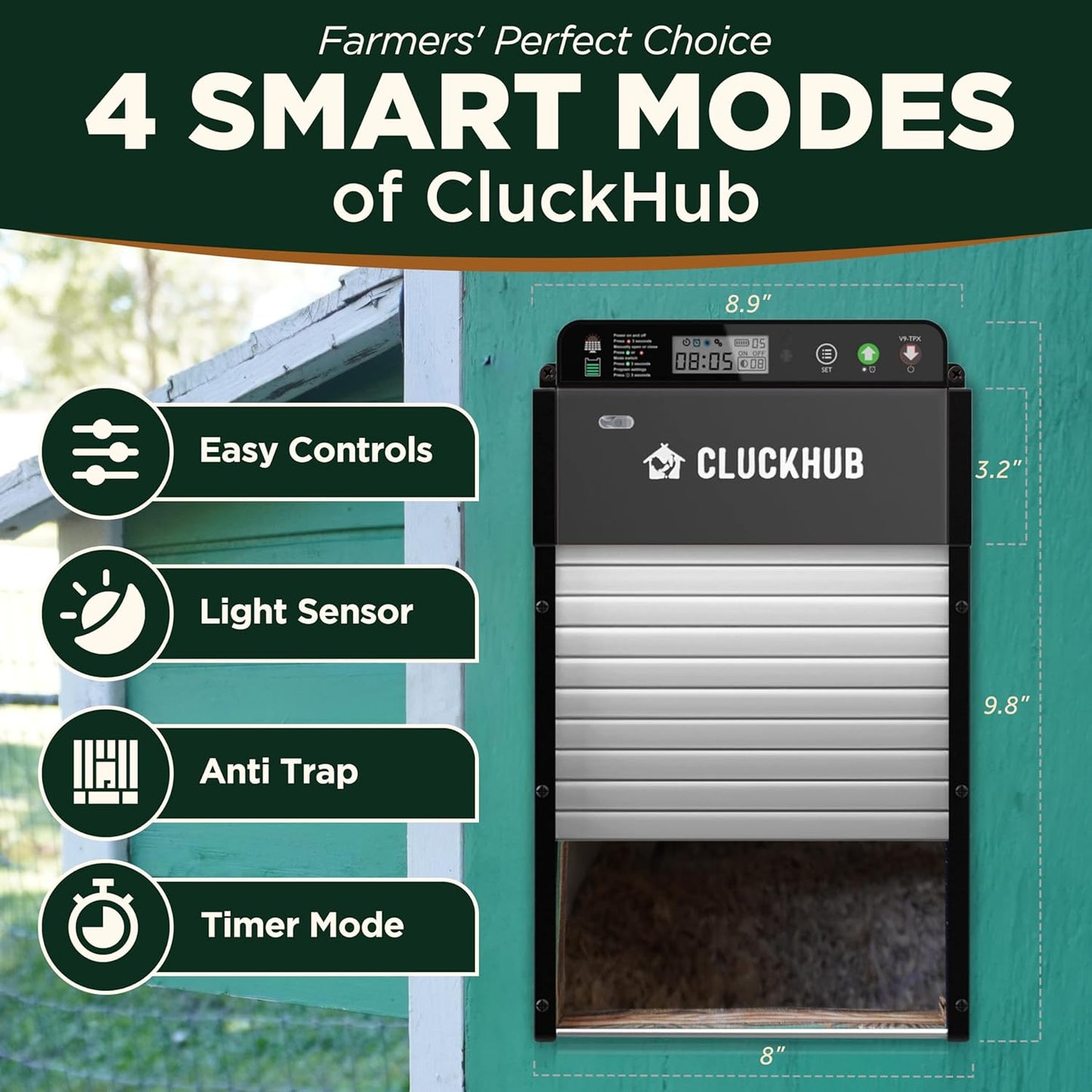 CluckHub Automatic Chicken Coop Door - Solar Powered, Electric Opener, Light Sensor w/Timer, Anti-Trap, Multi-Modes | Aluminum, Weather-Resistant | Own Control Panel