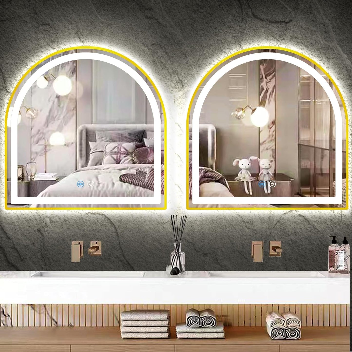 LED Mirror 24 x 26 Inch Gold Arch for Bathroom Wall, Desk Table; Gold Arched Mirror with Lights AntiFog 3 Color Dimmable 26 Bathroom Gold Arched