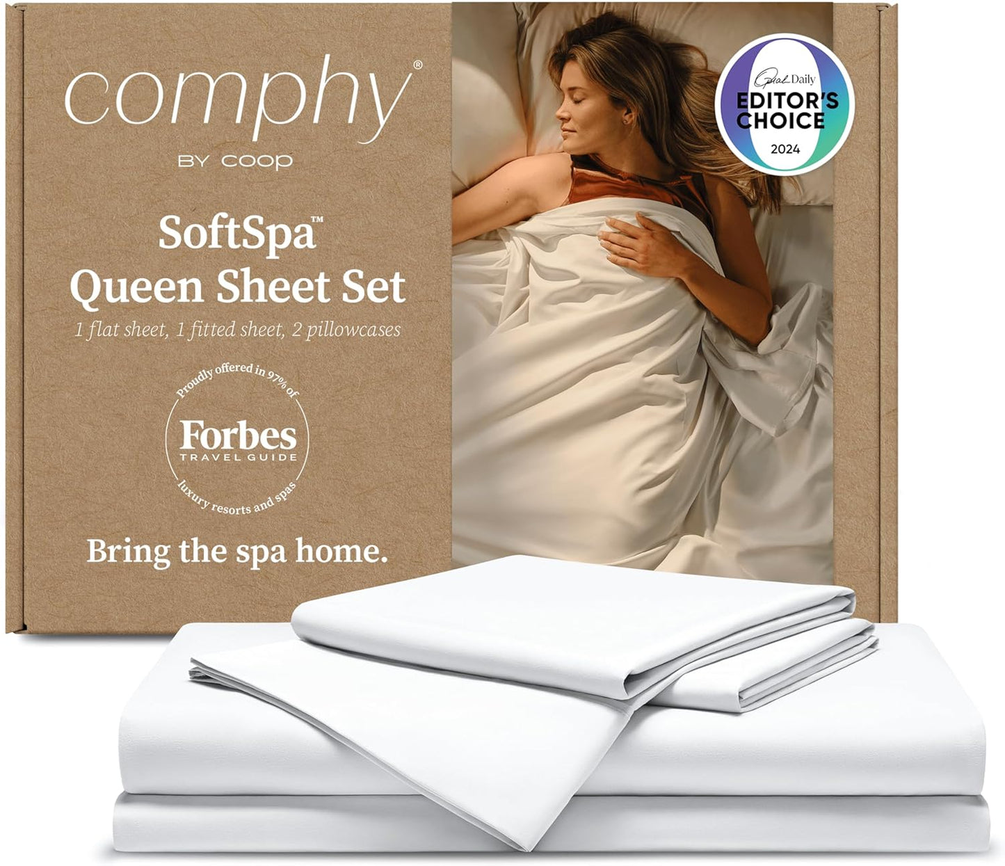 Comphy by Coop SoftSpa Bed Sheet Set of 4 Pieces, White Queen, Super Soft Queen Sheets Bed Set, Flat and Fitted, Luxury Spa an